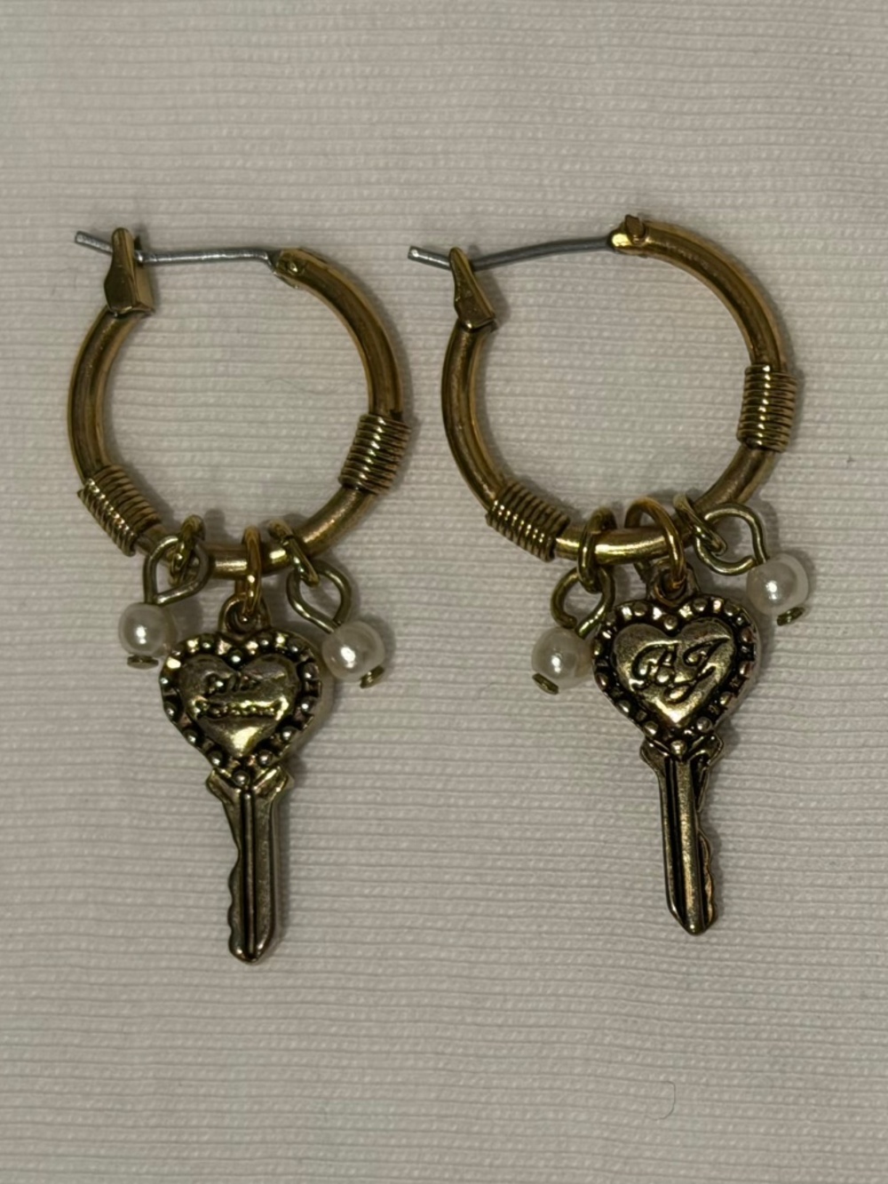 Betsey Johnson Pave Heart Key Charm Hoops with Pearl Accents